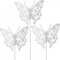 Floristik24 Flower plug butterfly, garden decoration metal, plant plug shabby chic white, silver L51cm 3pcs
