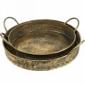 Floristik24 Decorative bowl with handles, patterned plant tray, golden metal vessel, antique look W45.5/42cm Ø39.5/34cm set of 2