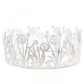 Decorative tray with dandelions, metal decoration for spring white, silver shabby chic Ø25cm H10.5cm
