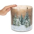 Glass tealight holder with winter forest in snow, Christmas decoration, 20cm | Floristik24.ie