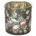 Floristik24 Glass tealight holder with pine cones and snowflakes, 15cm