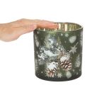 Glass tealight holder with pine cones and snowflakes, 15cm | Floristik24.ie