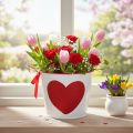 White flower pot with red heart, planter, Ø13cm H10.5cm | Floristik24.ie