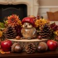 Decorative bird figurine with red apple cap, autumn decoration, 13cm | Floristik24.ie